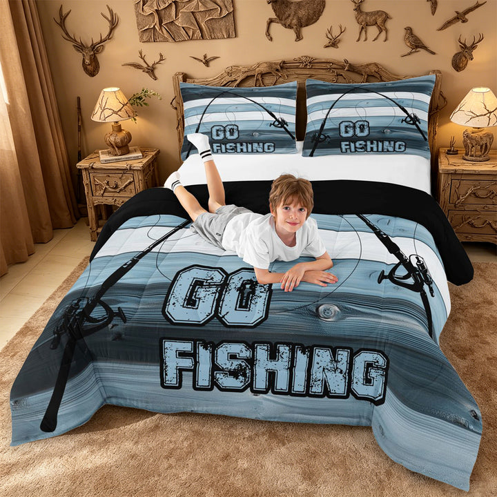 meiyoeat Go Fishing Stripe Full Size Comforter Sets For Kids,Blue Wood Fishing Bedding Comforter Set For Boys,Black Reversible,3-Piece