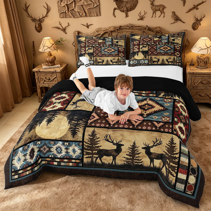 meiyoeat Southwestern Bear Deer King Size Comforter Sets,Bohemian Exotic Style Aztec Geometric Comforters King Size For Boys Kids,Black Reversible,3 Pieces