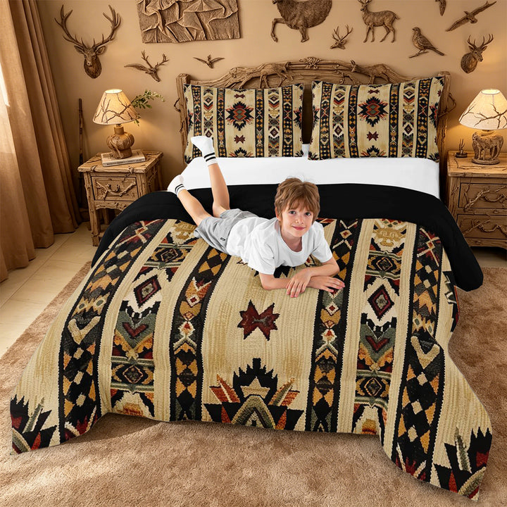 meiyoeat Vintage Aztec Geometric King Size Comforter Sets For Boys,Rustic Boho Style Comforters King Size For Kids,Black Reversible,3-Piece