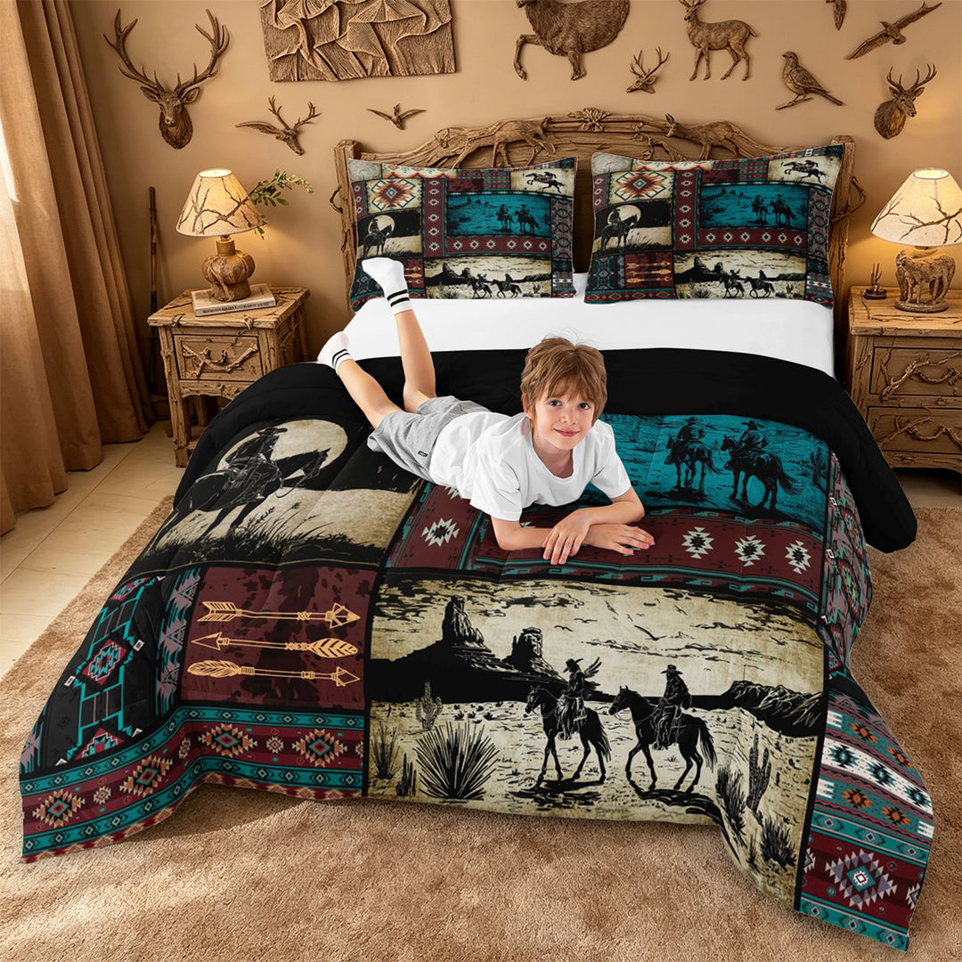 meiyoeat Western Cowboy Horse King Size Comforter Sets,Vintage Aztec Geometric Print Comforters King Size For Adult,Black Reversible,3pcs