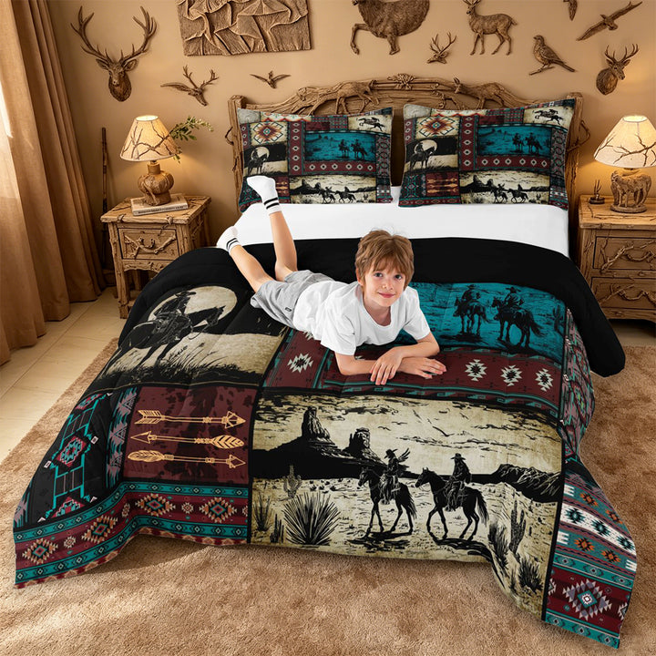 meiyoeat Western Cowboy Horse King Size Comforter Sets,Vintage Aztec Geometric Print Comforters King Size For Adult,Black Reversible,3pcs