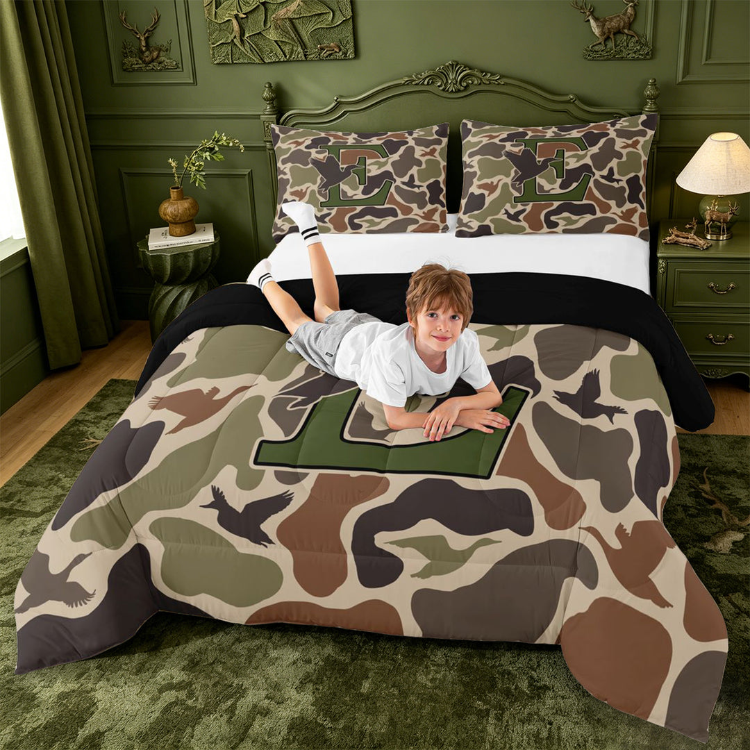 meiyoeat Camouflage Duck Initial E Full Size Comforter Sets For Boys,Country Farmhouse Hunting Themed Bedding Comforter Set,Black Reversible,3pcs,1 Comforter and 2 Pillowcases
