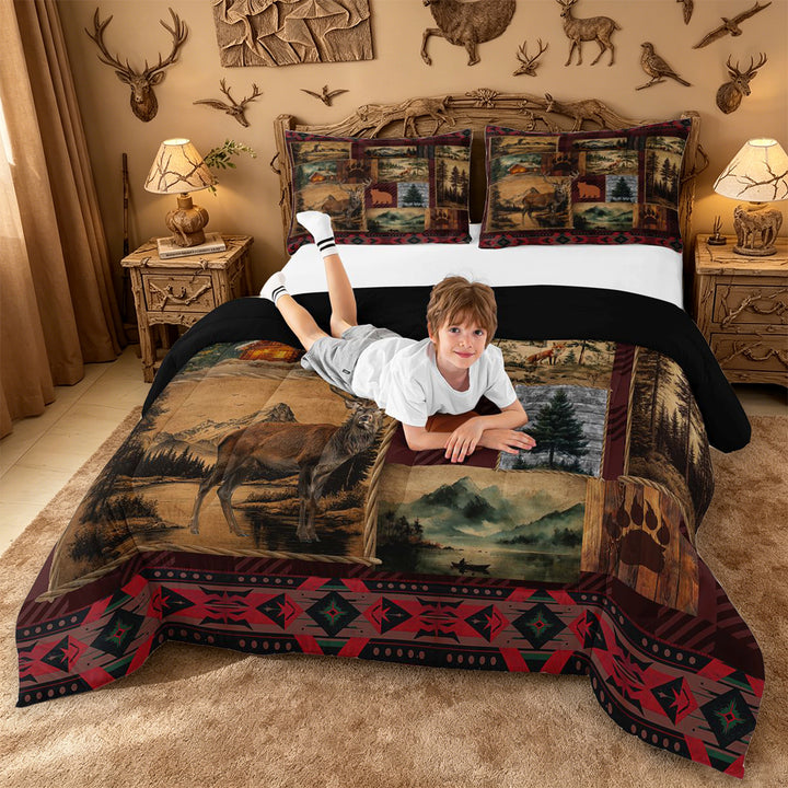meiyoeat Rustic Cabin Deer King Size Comforter Sets,Jungle Wildlife Comforters King Size For Men Women,Black Reversible,3-Piece