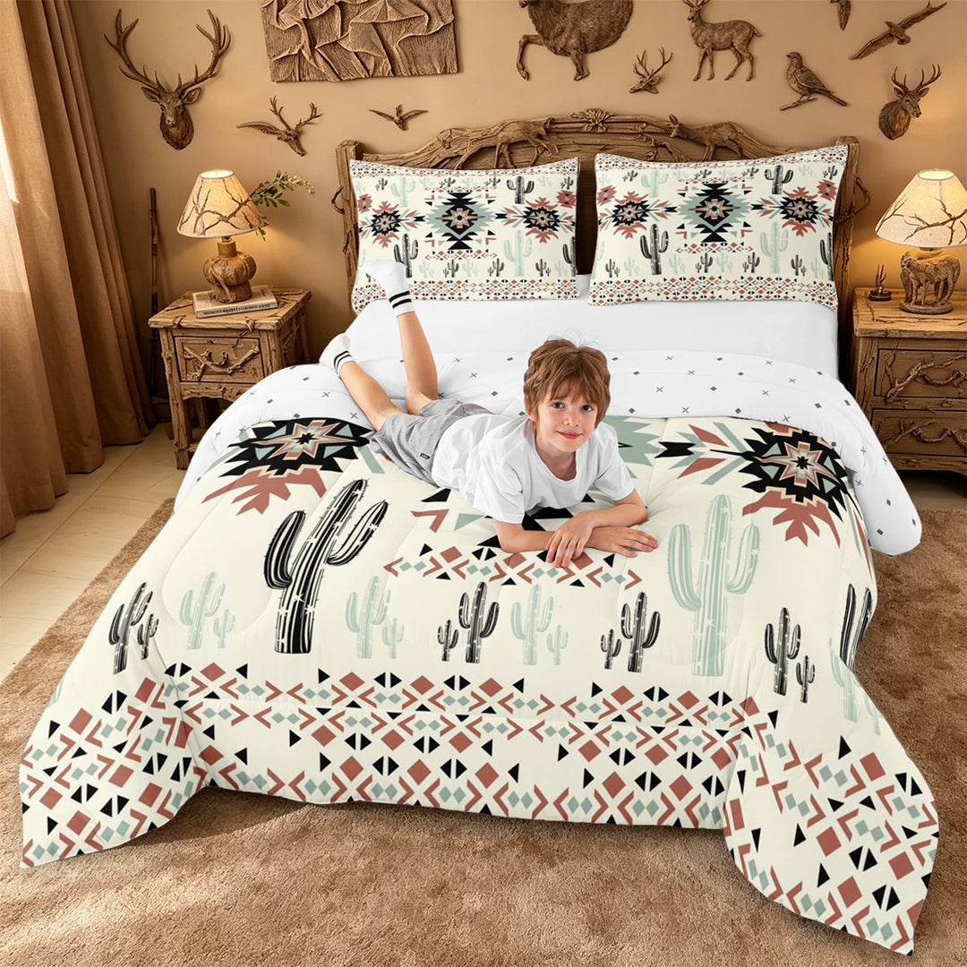 meiyoeat Rustic Western Aztec Print King Size Comforter Sets For Adults,Desert Botanical Cactus Comforters King Size For Men Women,Reversible,3 Pieces