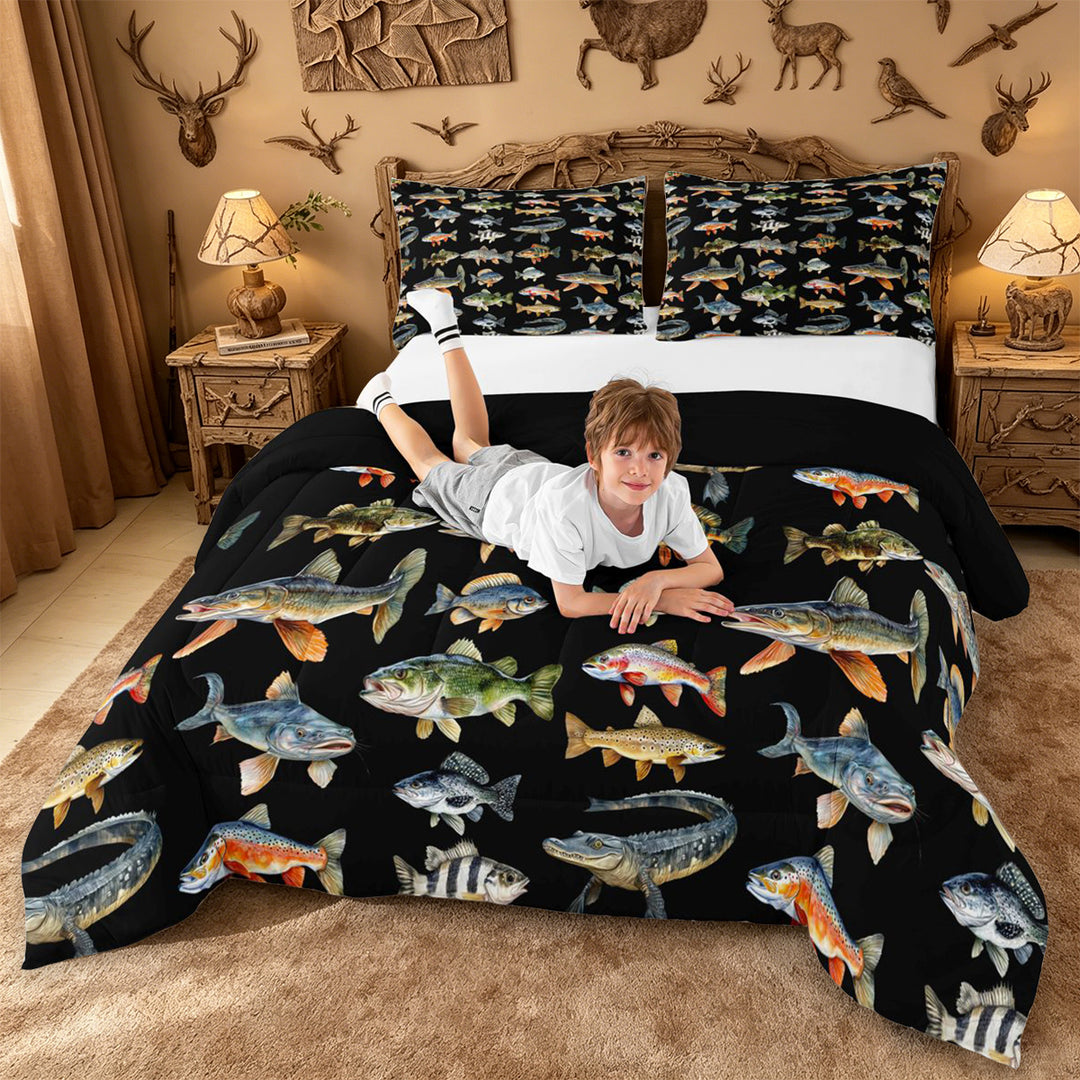 meiyoeat Cute Pike Fish Full Size Comforter Sets For Boys,Black Watercolor Print Bedding Comforter Set Kids,Black Reversible,3pcs