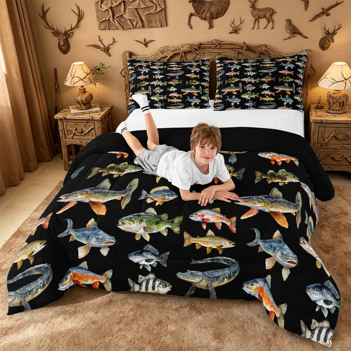 meiyoeat Cute Pike Fish Full Size Comforter Sets For Boys,Black Watercolor Print Bedding Comforter Set Kids,Black Reversible,3pcs