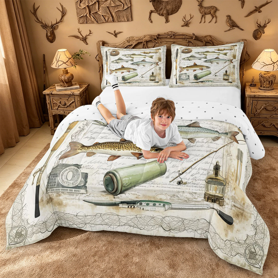 meiyoeat Rustic Pike Fish Full Size Comforter Sets For Kids,Vintage Farmhouse Fishing Bedding Comforter Set For Adults,Reversible,3-Piece