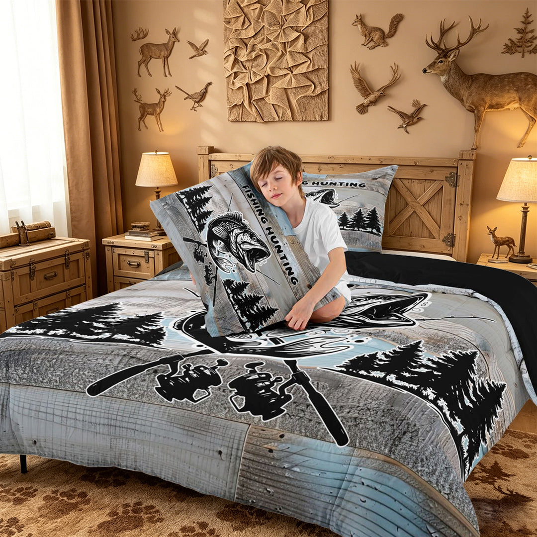 meiyoeat Vintage Bass Fishing Full Size Comforter Sets For Kids,Woodland Fish Print Bedding Comforter Set For Boys,Black Reversible,3pcs