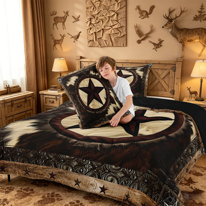meiyoeat Vintage Cattle Hide King Size Comforter Sets For Boys,Rustic Western Cowboy Comforters King Size For Kids,Black Reversible,3-Piece