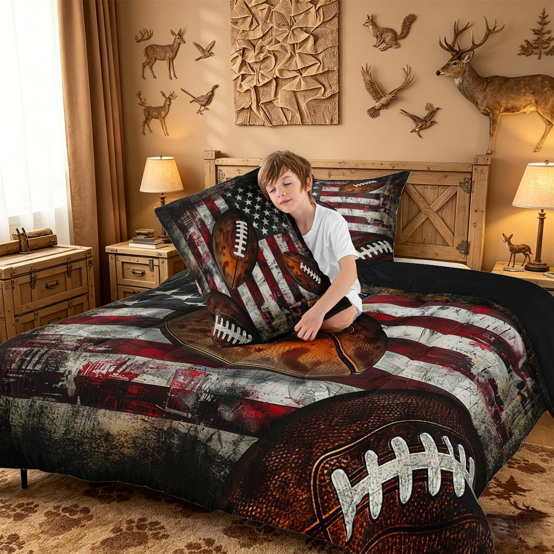 meiyoeat Boys Football Games Full Size Comforter Sets For Kids,Vintage American Flag Pattern Bedding Comforter Set For Boys,Black Reversible,3 Pieces