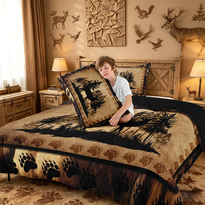 meiyoeat Vintage Deer Silhouette King Size Comforter Sets, Rustic Paw Print Comforters King Size For Boys Kids,Black Reversible,3-Piece