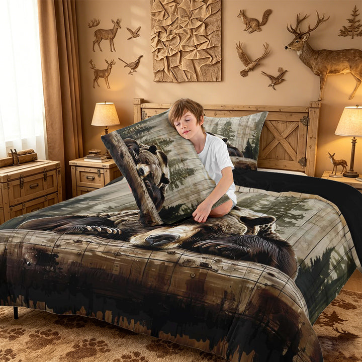 meiyoeat Rustic Bear Wood King Size Comforter Sets For Boys, Vintage Farmhouse Cabin Comforters King Size For Kids,Black Reversible,3-Piece
