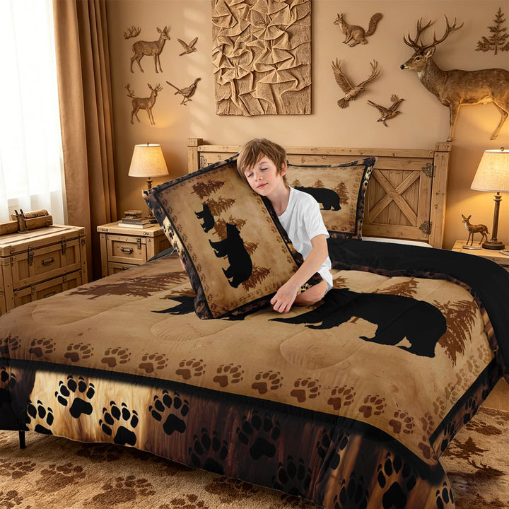 meiyoeat Vintage Bear Silhouette King Size Comforter Sets For Kids, Rustic Paw Print Comforters King Size For Men,Black Reversible,3 Pieces