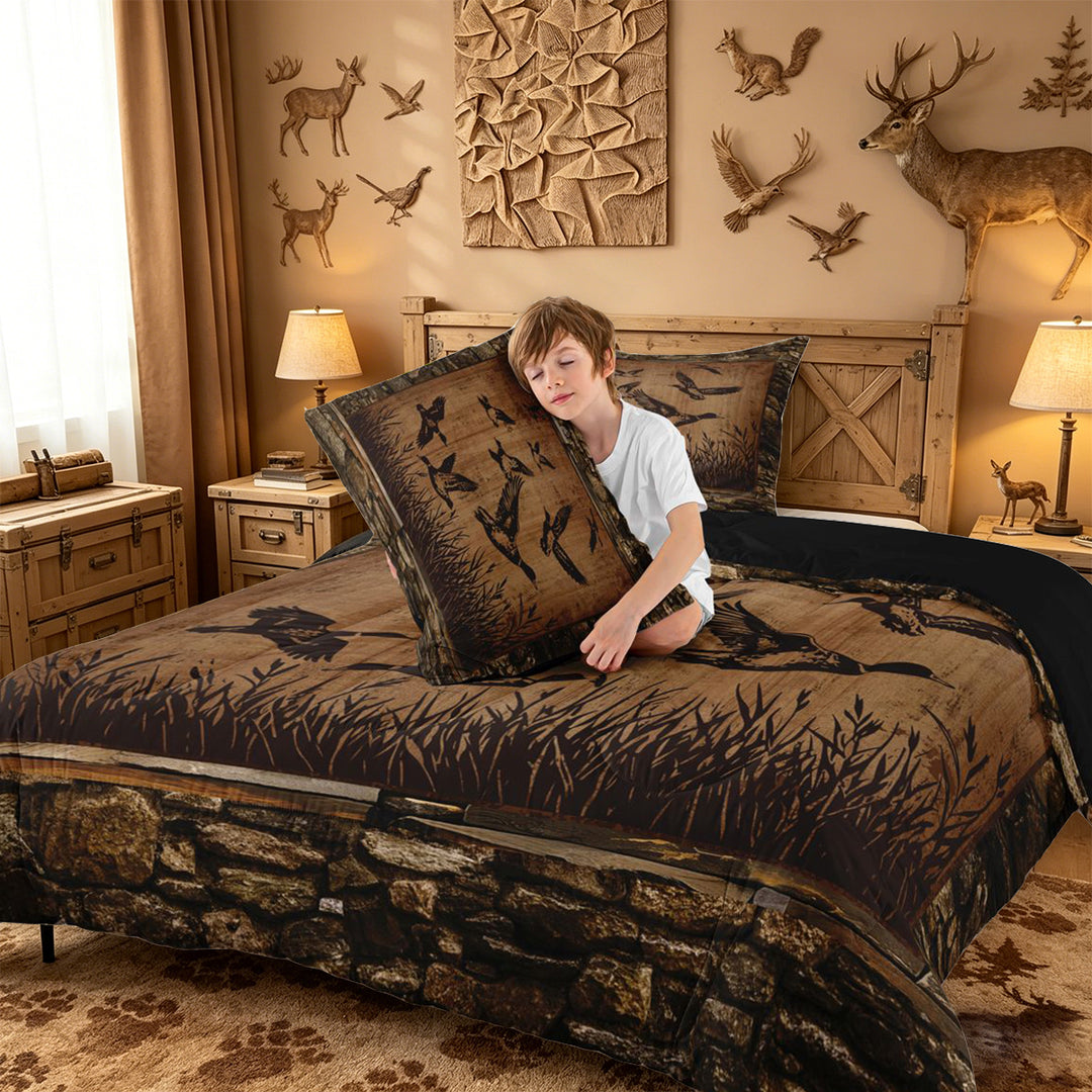 meiyoeat Vintage Mallard Duck Silhouette King Size Comforter Sets, Rustic Farmhouse Wood Print Comforters King Size For Kids,Black Reversible,3-Piece