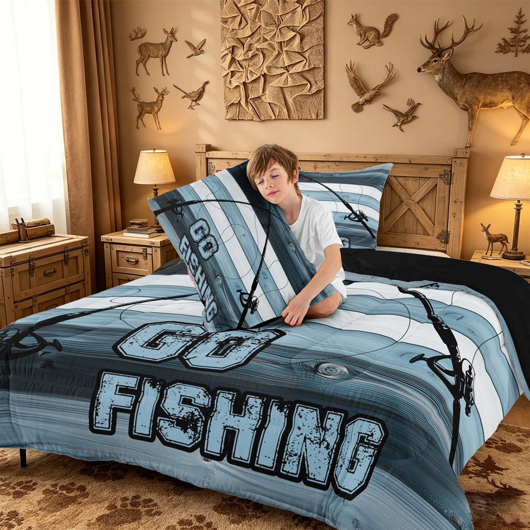 meiyoeat Go Fishing Stripe Full Size Comforter Sets For Kids,Blue Wood Fishing Bedding Comforter Set For Boys,Black Reversible,3-Piece