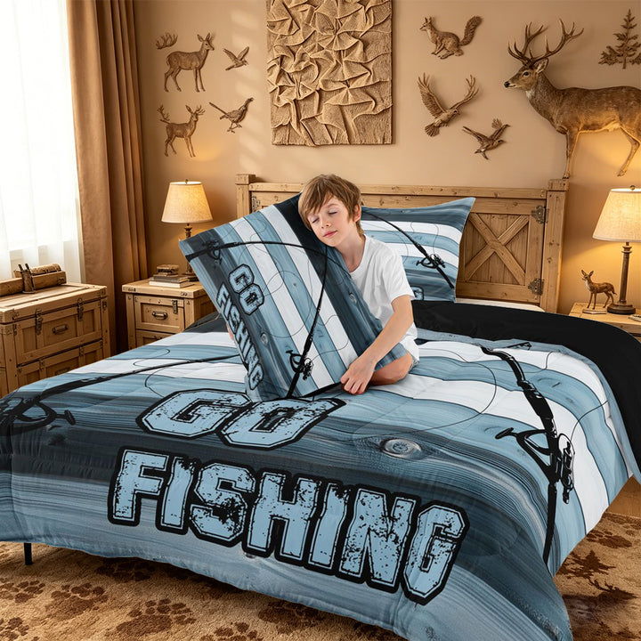 meiyoeat Go Fishing Stripe Full Size Comforter Sets For Kids,Blue Wood Fishing Bedding Comforter Set For Boys,Black Reversible,3-Piece