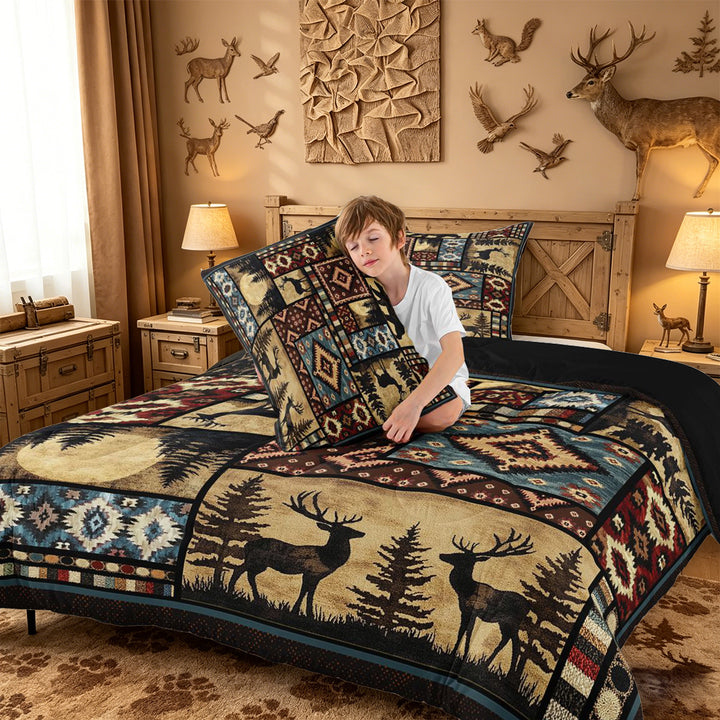 meiyoeat Southwestern Bear Deer King Size Comforter Sets,Bohemian Exotic Style Aztec Geometric Comforters King Size For Boys Kids,Black Reversible,3 Pieces