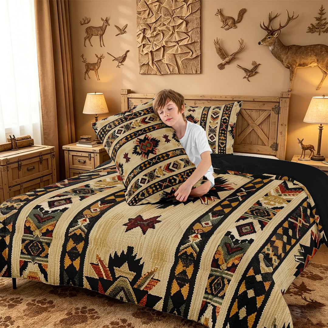 meiyoeat Vintage Aztec Geometric King Size Comforter Sets For Boys,Rustic Boho Style Comforters King Size For Kids,Black Reversible,3-Piece