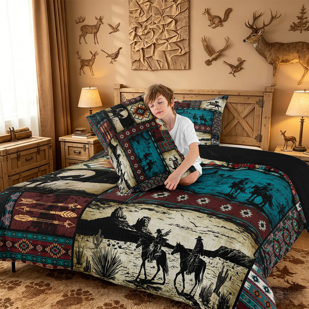 meiyoeat Western Cowboy Horse King Size Comforter Sets,Vintage Aztec Geometric Print Comforters King Size For Adult,Black Reversible,3pcs