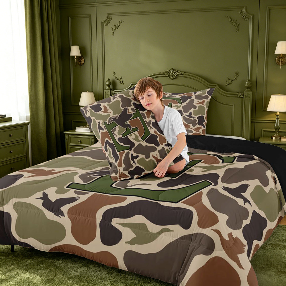 meiyoeat Camouflage Duck Initial E Full Size Comforter Sets For Boys,Country Farmhouse Hunting Themed Bedding Comforter Set,Black Reversible,3pcs,1 Comforter and 2 Pillowcases