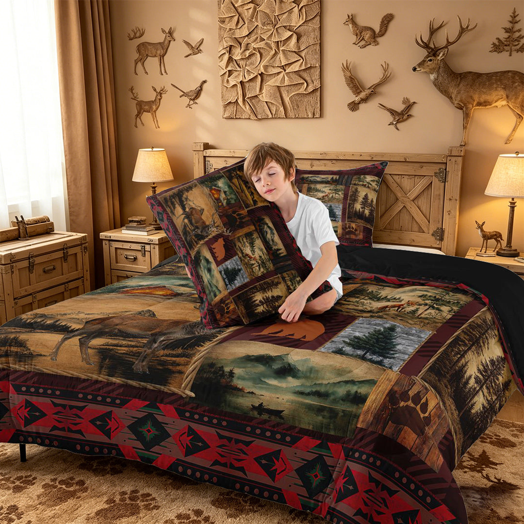 meiyoeat Rustic Cabin Deer King Size Comforter Sets,Jungle Wildlife Comforters King Size For Men Women,Black Reversible,3-Piece