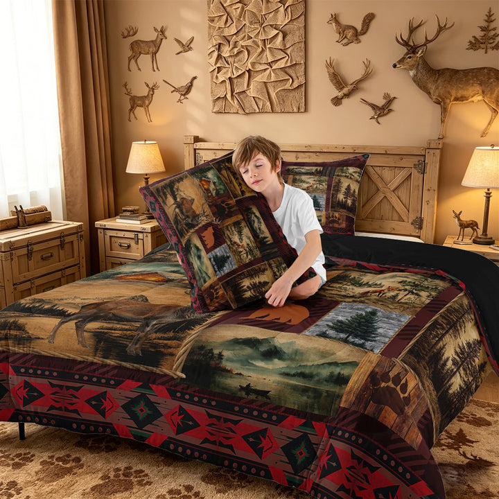 meiyoeat Rustic Cabin Deer King Size Comforter Sets,Jungle Wildlife Comforters King Size For Men Women,Black Reversible,3-Piece