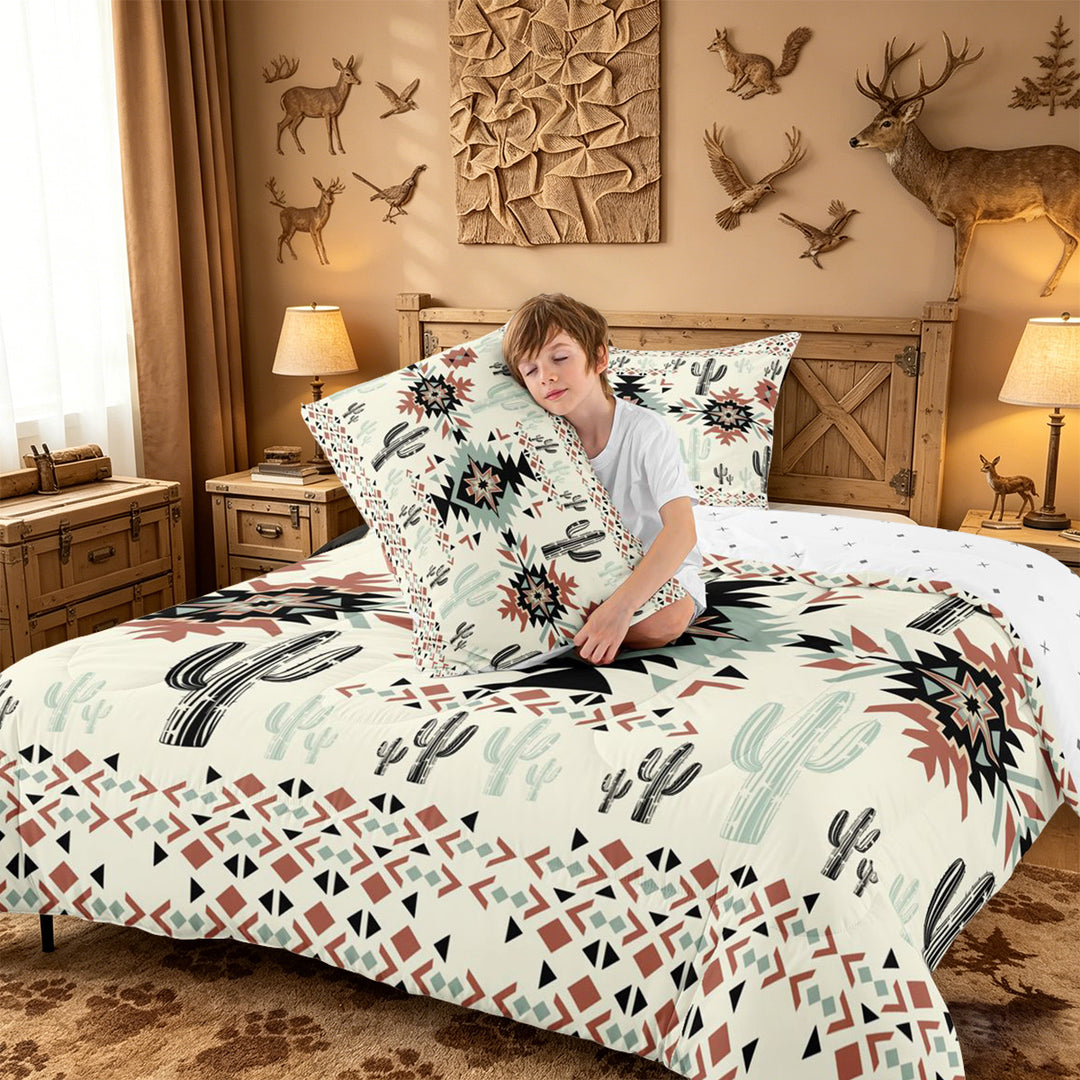meiyoeat Rustic Western Aztec Print King Size Comforter Sets For Adults,Desert Botanical Cactus Comforters King Size For Men Women,Reversible,3 Pieces