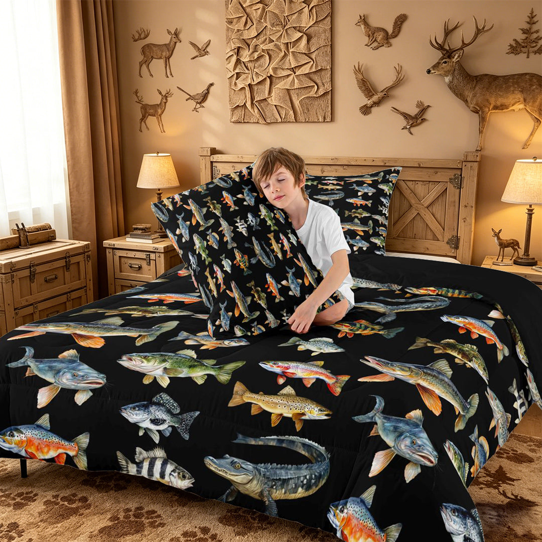 meiyoeat Cute Pike Fish Full Size Comforter Sets For Boys,Black Watercolor Print Bedding Comforter Set Kids,Black Reversible,3pcs