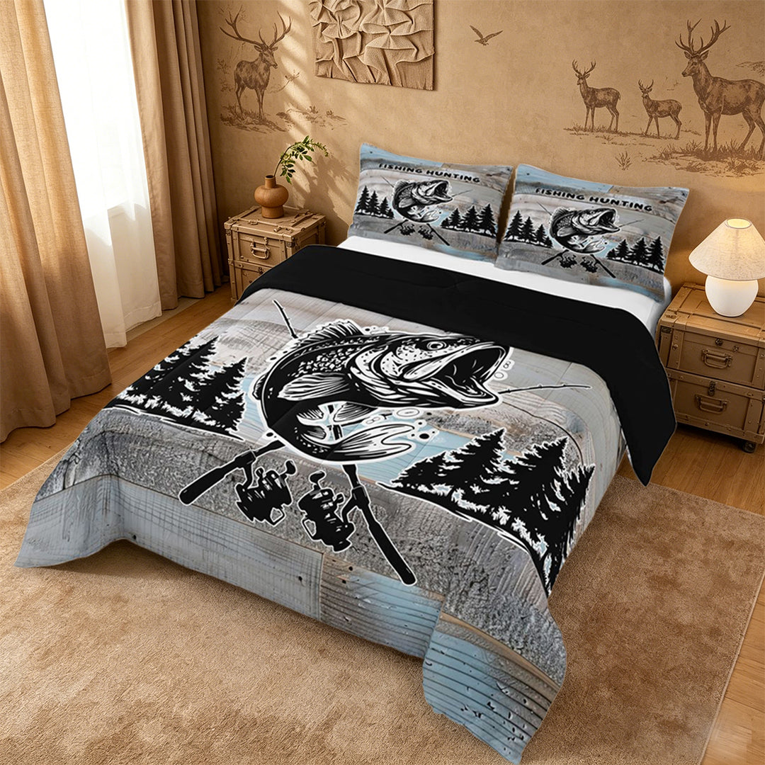 meiyoeat Vintage Bass Fishing Full Size Comforter Sets For Kids,Woodland Fish Print Bedding Comforter Set For Boys,Black Reversible,3pcs