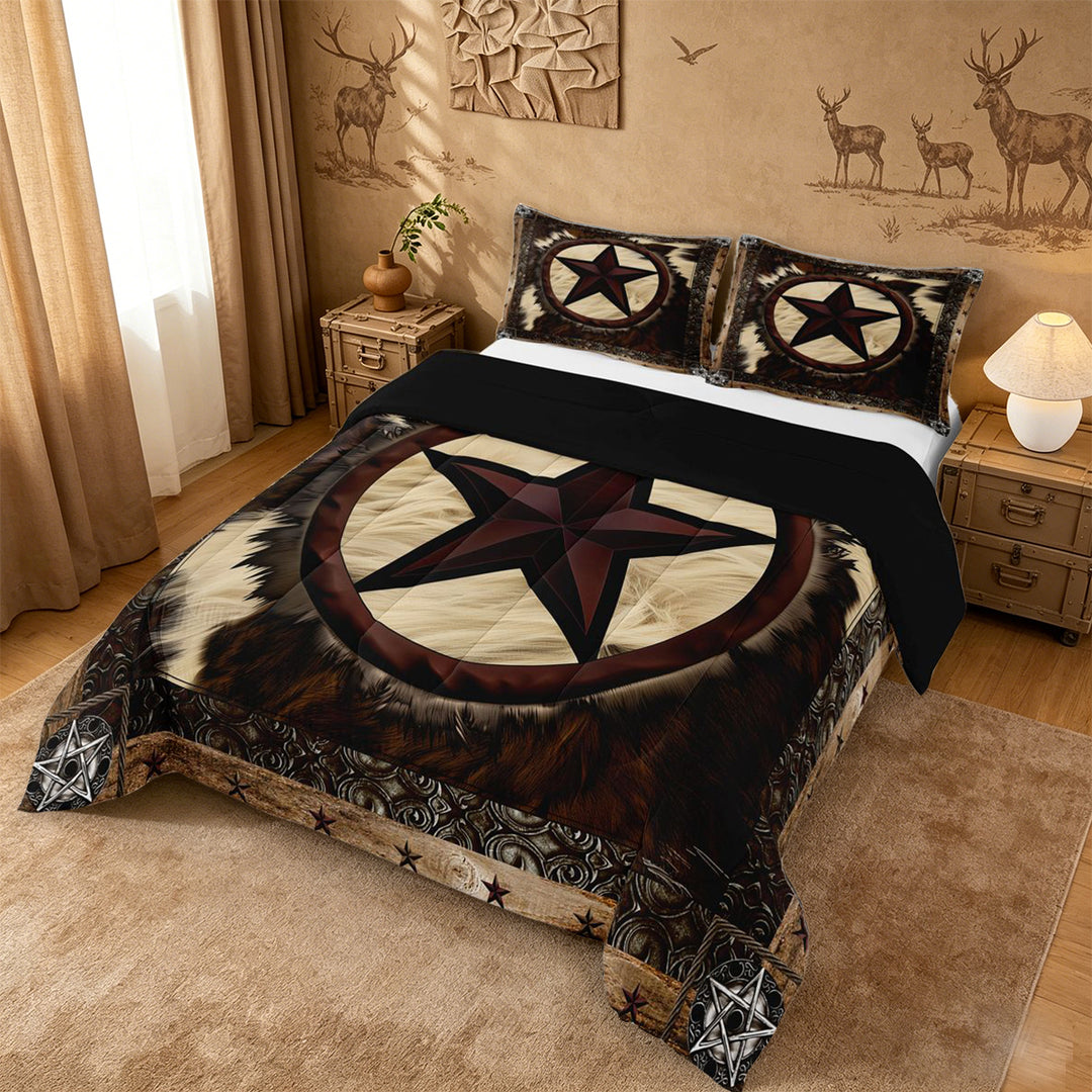 meiyoeat Vintage Cattle Hide King Size Comforter Sets For Boys,Rustic Western Cowboy Comforters King Size For Kids,Black Reversible,3-Piece