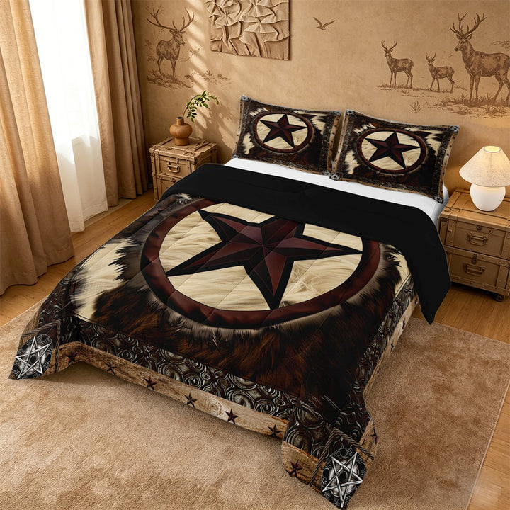 meiyoeat Vintage Cattle Hide King Size Comforter Sets For Boys,Rustic Western Cowboy Comforters King Size For Kids,Black Reversible,3-Piece