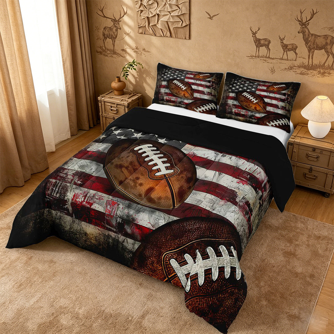 meiyoeat Boys Football Games Full Size Comforter Sets For Kids,Vintage American Flag Pattern Bedding Comforter Set For Boys,Black Reversible,3 Pieces