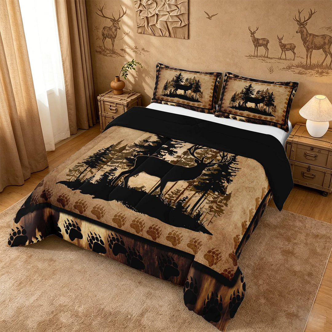 meiyoeat Vintage Deer Silhouette King Size Comforter Sets, Rustic Paw Print Comforters King Size For Boys Kids,Black Reversible,3-Piece