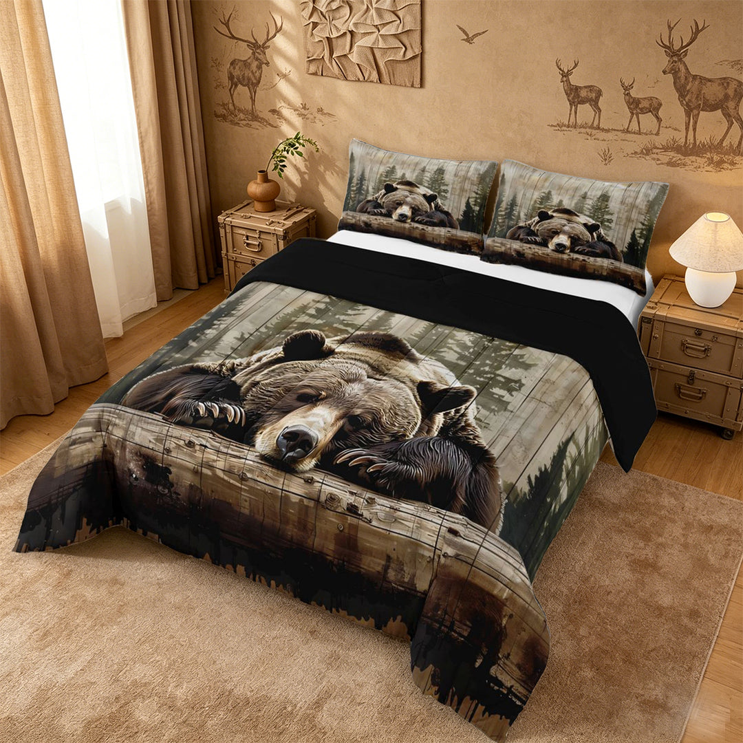 meiyoeat Rustic Bear Wood King Size Comforter Sets For Boys, Vintage Farmhouse Cabin Comforters King Size For Kids,Black Reversible,3-Piece