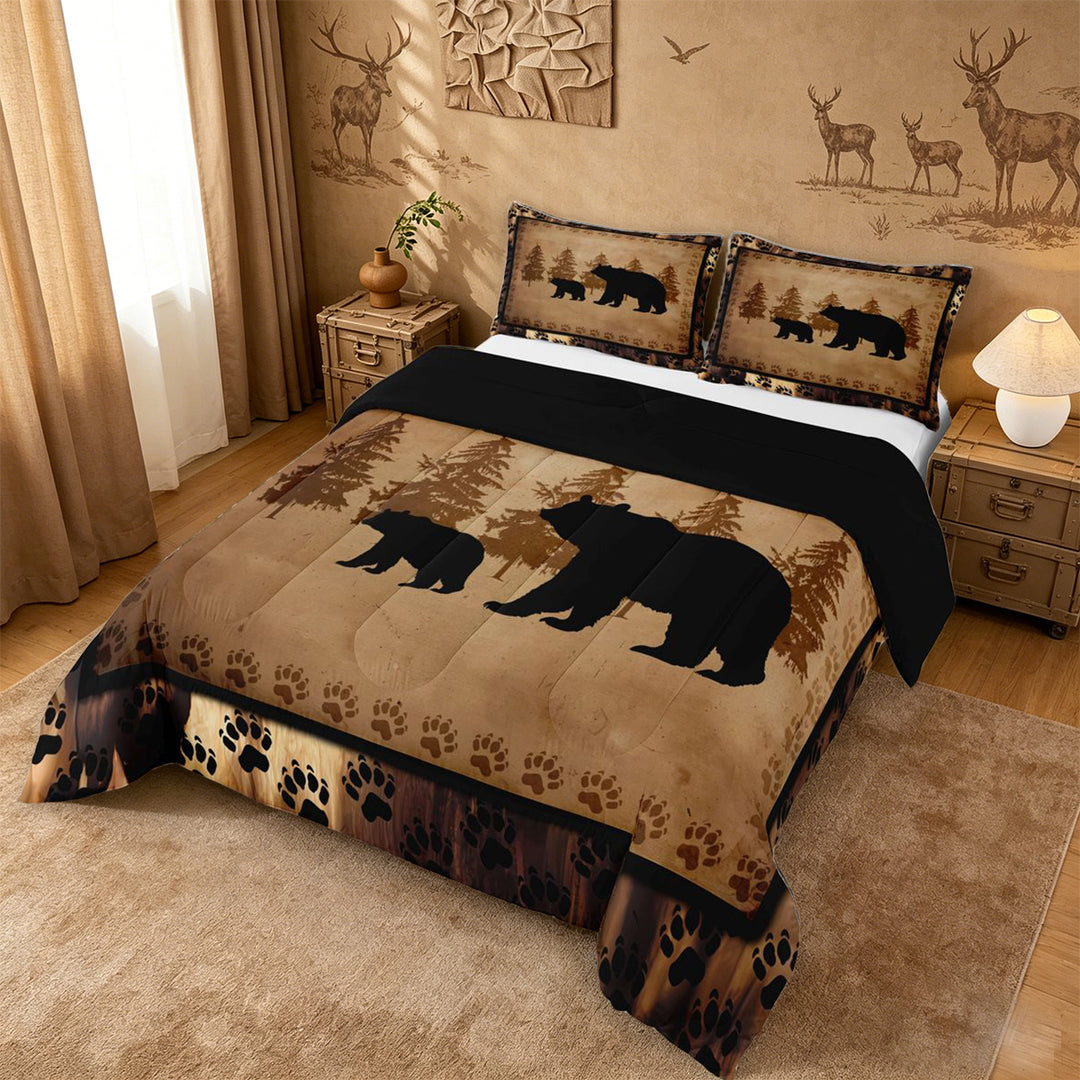 meiyoeat Vintage Bear Silhouette King Size Comforter Sets For Kids, Rustic Paw Print Comforters King Size For Men,Black Reversible,3 Pieces