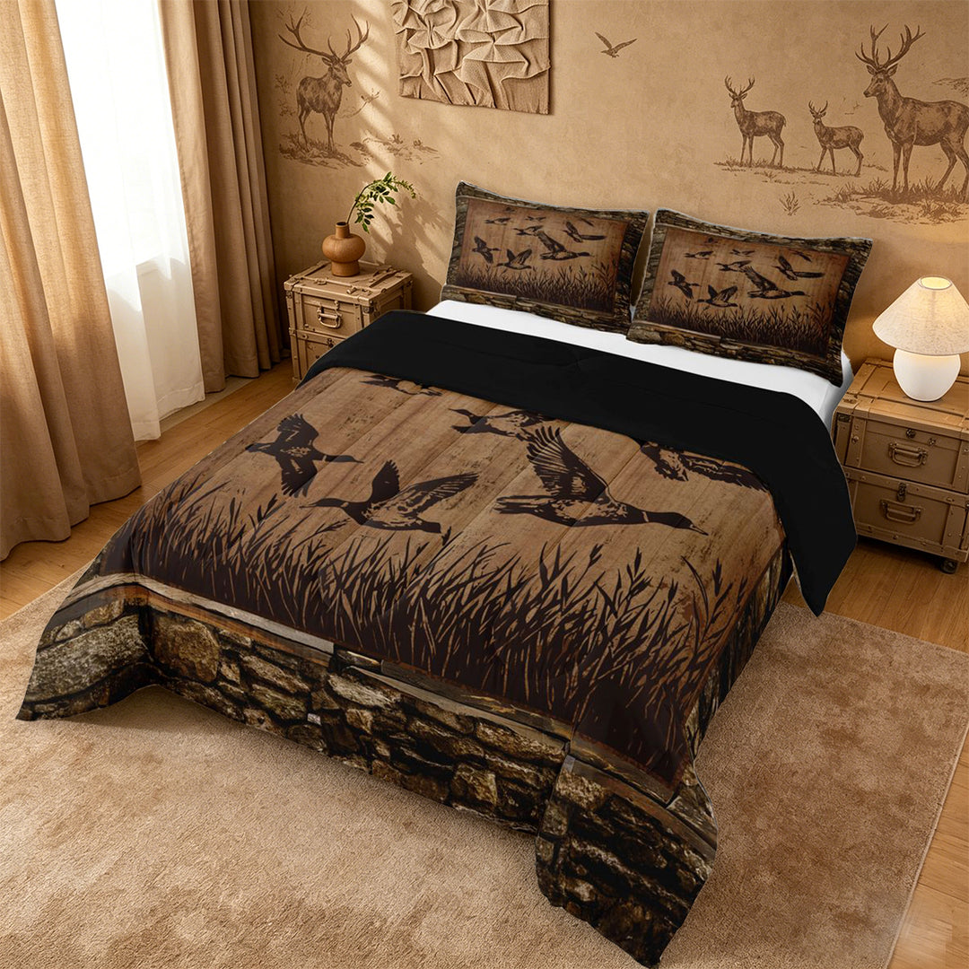 meiyoeat Vintage Mallard Duck Silhouette King Size Comforter Sets, Rustic Farmhouse Wood Print Comforters King Size For Kids,Black Reversible,3-Piece