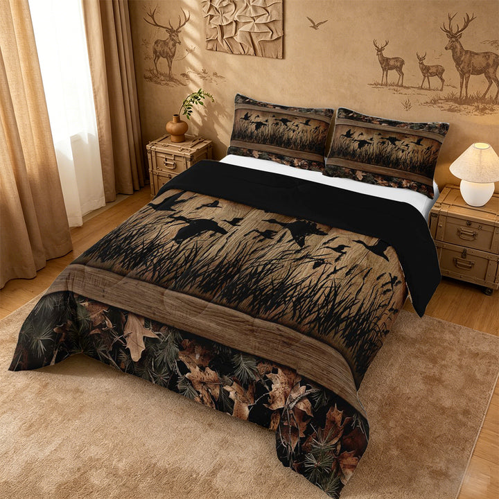 meiyoeat Wild Animal Mallard King Size Comforter Sets,Rustic Camo Wood Print Comforters King Size For Kids Boys,Black Reversible,3 Pieces