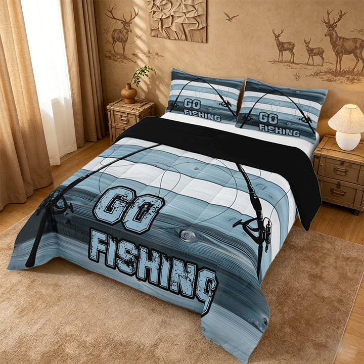 meiyoeat Go Fishing Stripe Full Size Comforter Sets For Kids,Blue Wood Fishing Bedding Comforter Set For Boys,Black Reversible,3-Piece