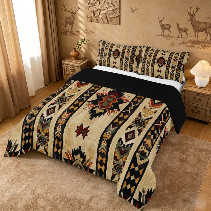 meiyoeat Vintage Aztec Geometric King Size Comforter Sets For Boys,Rustic Boho Style Comforters King Size For Kids,Black Reversible,3-Piece
