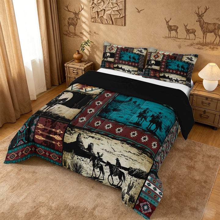 meiyoeat Western Cowboy Horse King Size Comforter Sets,Vintage Aztec Geometric Print Comforters King Size For Adult,Black Reversible,3pcs