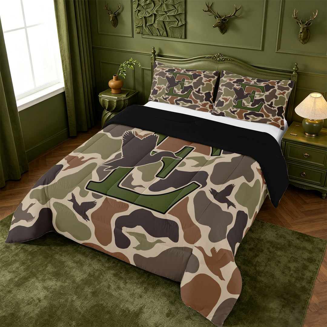 meiyoeat Camouflage Duck Initial E Full Size Comforter Sets For Boys,Country Farmhouse Hunting Themed Bedding Comforter Set,Black Reversible,3pcs,1 Comforter and 2 Pillowcases