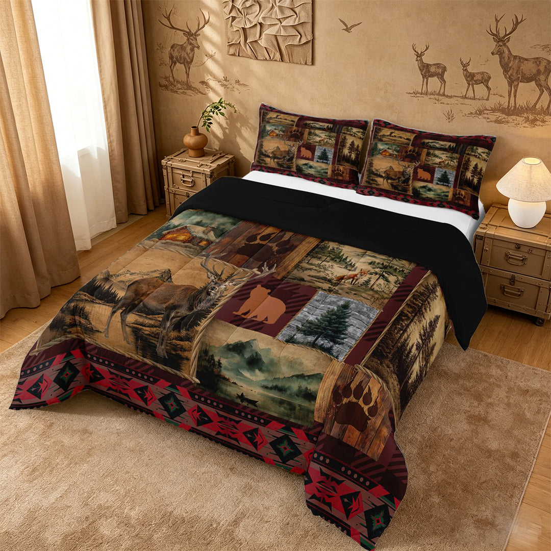 meiyoeat Rustic Cabin Deer King Size Comforter Sets,Jungle Wildlife Comforters King Size For Men Women,Black Reversible,3-Piece