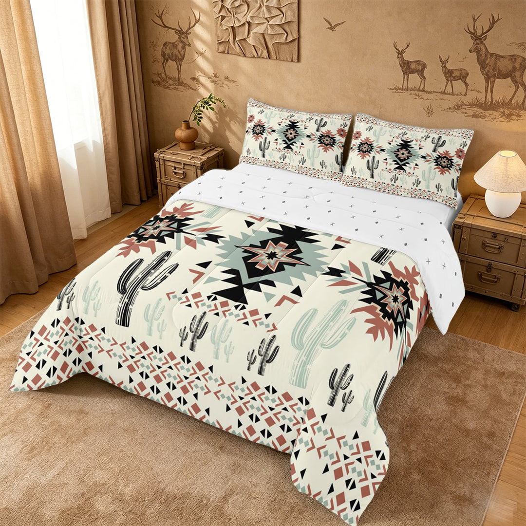 meiyoeat Rustic Western Aztec Print King Size Comforter Sets For Adults,Desert Botanical Cactus Comforters King Size For Men Women,Reversible,3 Pieces