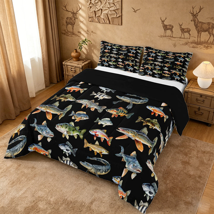 meiyoeat Cute Pike Fish Full Size Comforter Sets For Boys,Black Watercolor Print Bedding Comforter Set Kids,Black Reversible,3pcs