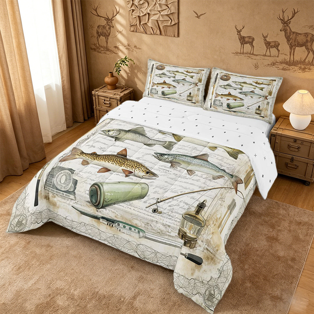 meiyoeat Rustic Pike Fish Full Size Comforter Sets For Kids,Vintage Farmhouse Fishing Bedding Comforter Set For Adults,Reversible,3-Piece