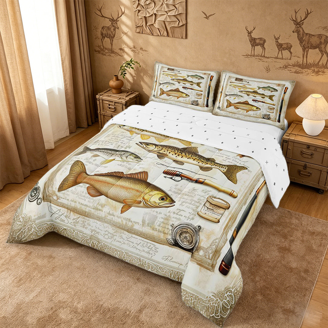 meiyoeat Retro Pike Pattern Full Size Comforter Sets For Kids,Classic Fish Art Bedding Comforter Set For Men,Reversible,3 Pieces