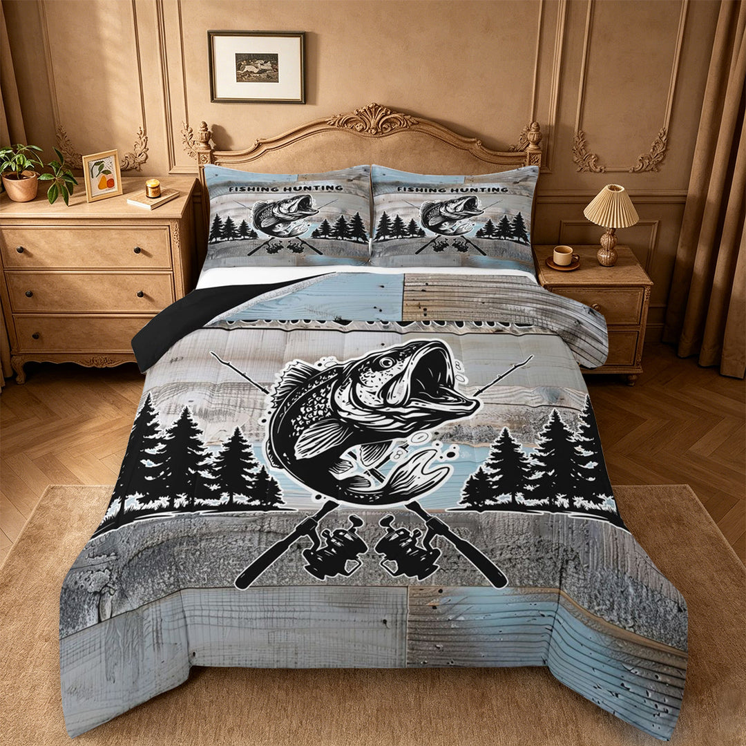 meiyoeat Vintage Bass Fishing Full Size Comforter Sets For Kids,Woodland Fish Print Bedding Comforter Set For Boys,Black Reversible,3pcs