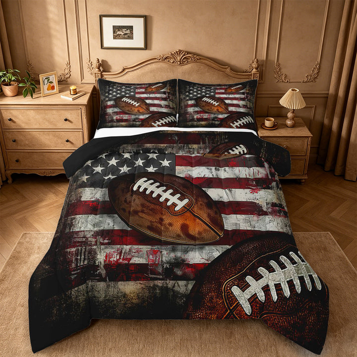 meiyoeat Boys Football Games Full Size Comforter Sets For Kids,Vintage American Flag Pattern Bedding Comforter Set For Boys,Black Reversible,3 Pieces