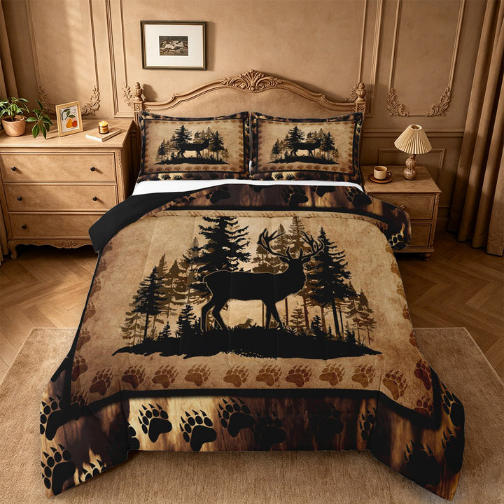 meiyoeat Vintage Deer Silhouette King Size Comforter Sets, Rustic Paw Print Comforters King Size For Boys Kids,Black Reversible,3-Piece