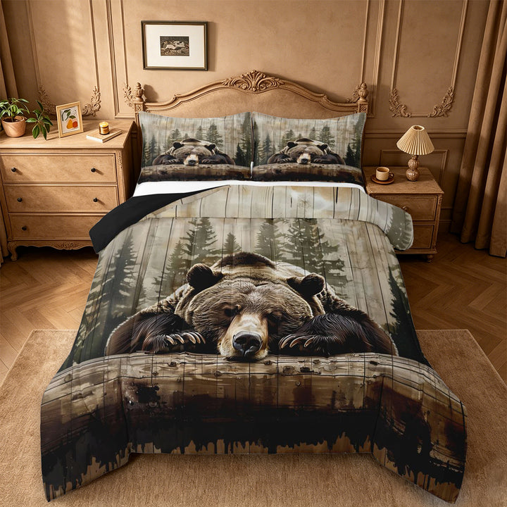 meiyoeat Rustic Bear Wood King Size Comforter Sets For Boys, Vintage Farmhouse Cabin Comforters King Size For Kids,Black Reversible,3-Piece